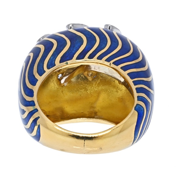 David Webb Bombe 18K Yellow Gold & Platinum Diamond Blue Enamel Ring - Picture 2 of 4